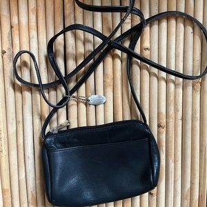 Small, black, leather crossbody purse